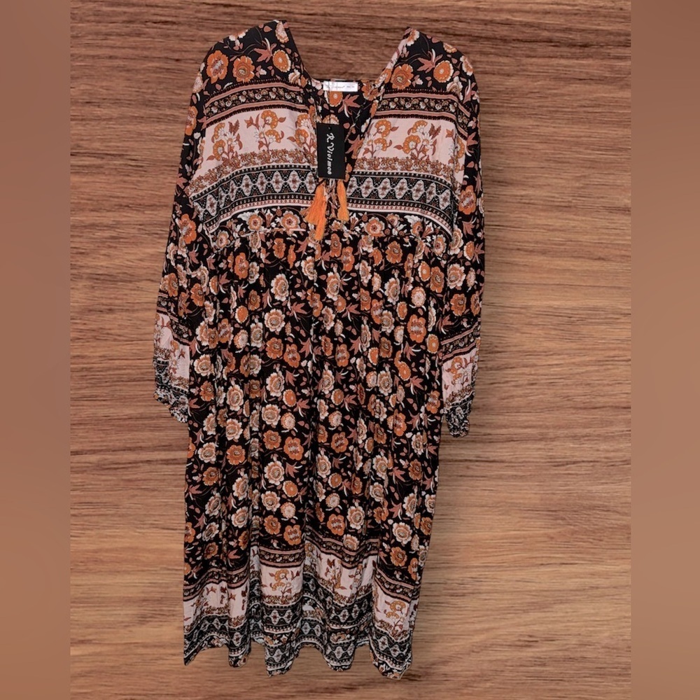 NWT- Boho floral midi long sleeve dress